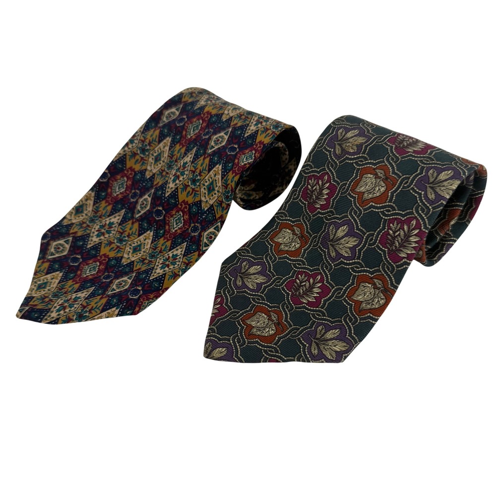 Valentino 60" Silk Ties Mens Vintage Made in Italy Teal Leaf Geometric Lot of 2